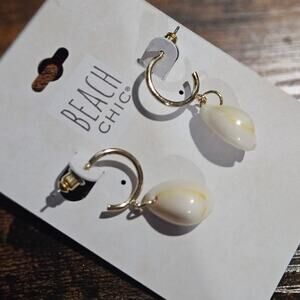 BEACH CHIC Gold-Tone Huggie Hoop Earrings w/ White Shell Drops ~ Cottagecore